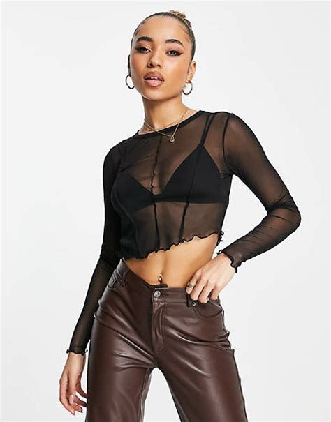 Asos Design Long Sleeve Mesh Top With Seam Detail In Black Asos