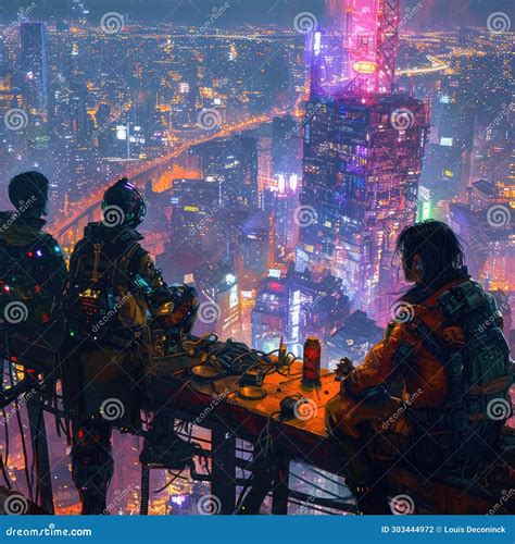 Neon Nights: Hidden Rooftop Party in the Cityscape Stock Illustration