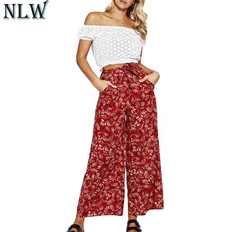 Nlw Burgundy Boho Print Chiffon Wide Leg Pants Summer Flare Pants 2018