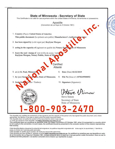 Minnesota Apostille Example