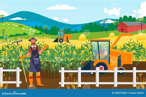 Agriculture Crop Farm Field Vector Illustration Rural Man Farmer