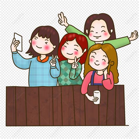 Cartoon Four Girls Selfie Illustration, Girl Selfie, Girl Cartoon, Four Squares PNG White ...