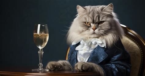 Premium Photo Araffe Cat In A Suit Sitting At A Table With A Glass Of