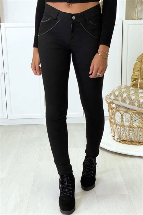 Pantalon Slim Noir En Strech Avec Zip Et Su Dine L Avant