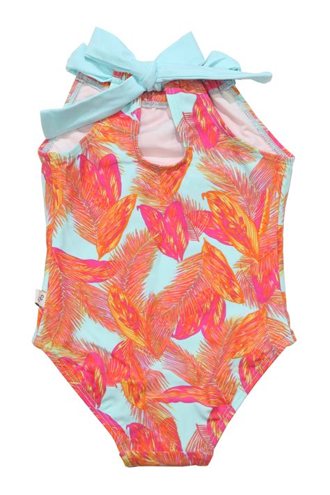 Tropical Feather Back Neck Tie One Piece Light Blue Floatimini