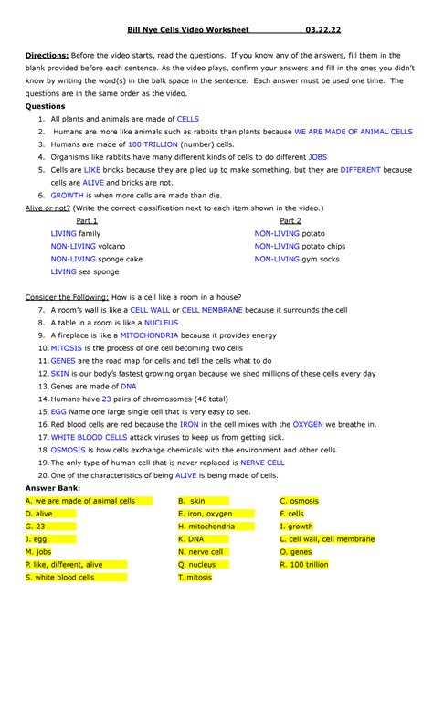 Bill Nye Cells Video Worksheet Answers