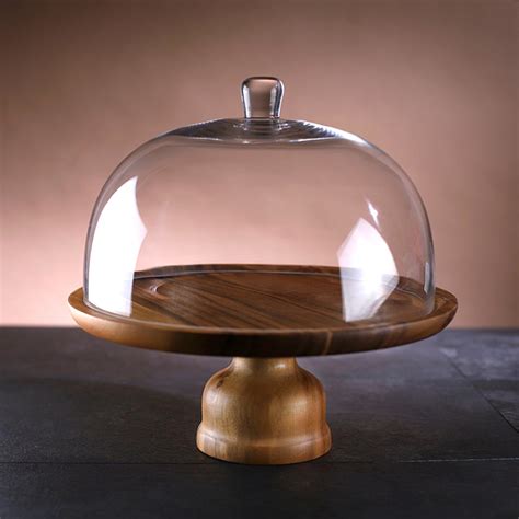 Genware Acacia Wood Cake Stand And Glass Cake Dome