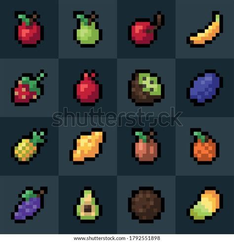 Fruits Pixel Art Icons Set Isolated Vector Illustration Of Mobile Game