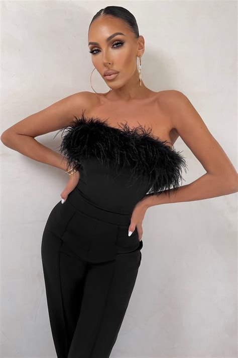 First Class Black Bandeau Feather Wide Leg Jumpsuit Club L London Uk