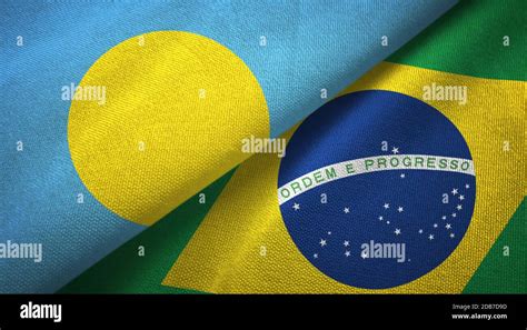 Palau And Brazil Two Flags Textile Cloth Fabric Texture Stock Photo