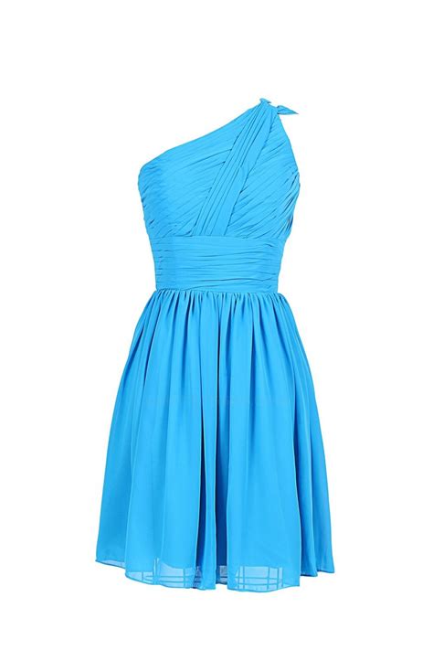 A Line One Shoulder Short Blue Chiffon Bridesmaid Dresseswedding Party