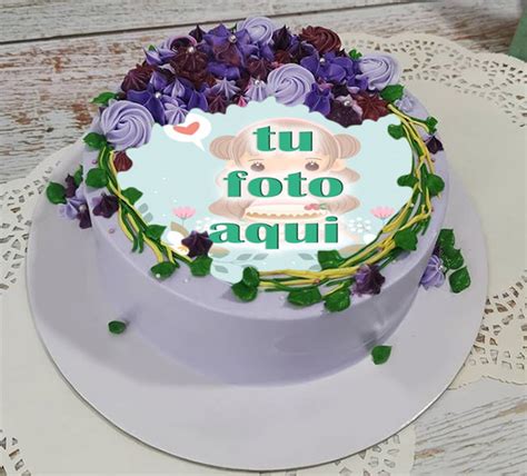 Pastel De Cumplea Os Morado Dulce Con Borde Floral Con Nombre Y Foto