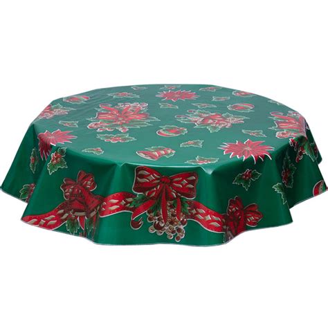 Christmas Oilcloth Tablecloth Bells And Bows On Green Freckled Sage