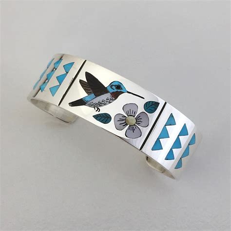 Hummingbird And Flower Inlay Silver Cuff By Nancy And Rudell Laconsel