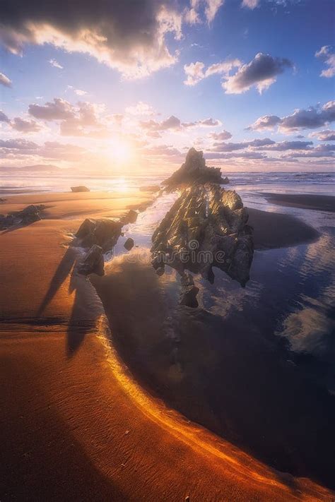 Rock In Sopelana Beach At Sunset Stock Photo Image Of Sunrise Shore