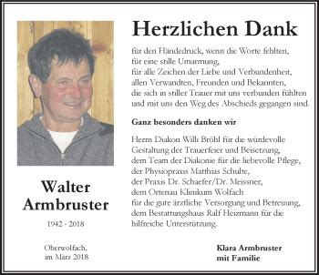 Traueranzeigen von Walter Armbruster Schwarzwälder Bote Trauer