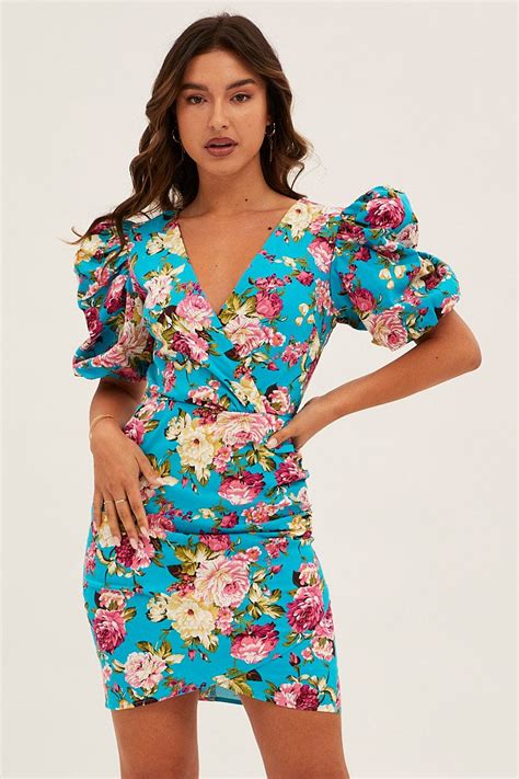 Green Floral Mini Dress Puff Sleeve V Neck Ally Fashion