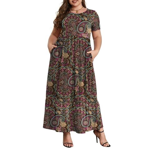 Mengpipi Plus Size Womens Casual Short Sleeve Maxi Dress With Pockets