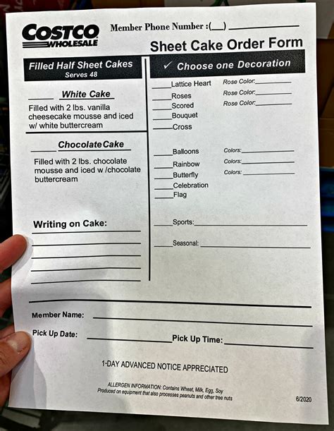 Printable Costco Cake Order Form