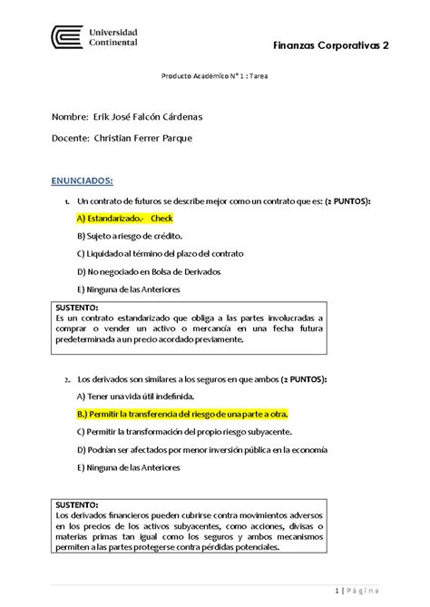 PA 1 final Finanzas corporativas 2 Producto Académico N 1 Tarea