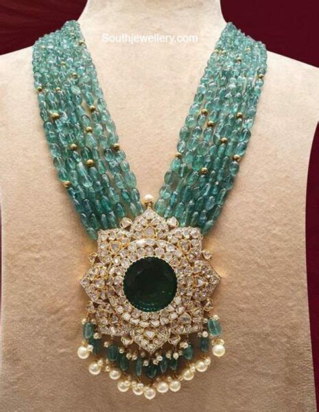 Multi Strand Emerald Beads Haram With Polki Pendant Photo Bridal