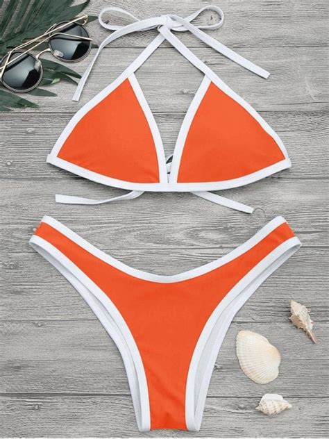 Zafull High Cut Contrast Piping Bikini Set Gwyneth Paltrow Orange