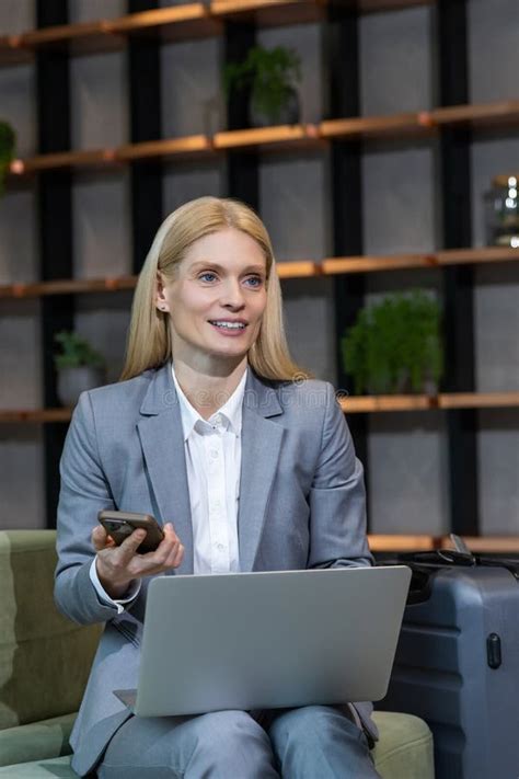Smiling Cute Blonde Woman Looking Contented And Positive Stock Photo Image Of Working Finance