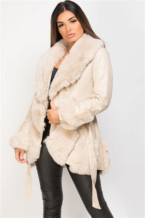 Womens Cream Faux Leather Belted Jacket With Faux Fur Trim Vegan