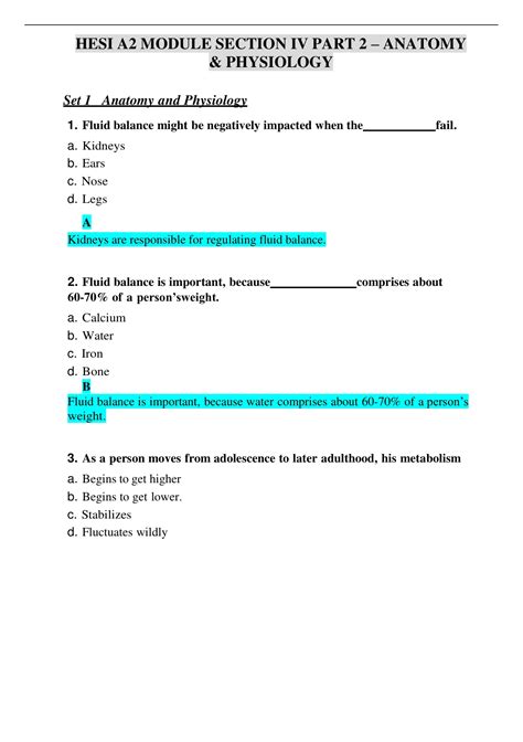 HESI A2 MODULE SECTION IV PART 2 ANATOMY PHYSIOLOGY Contains Set 1