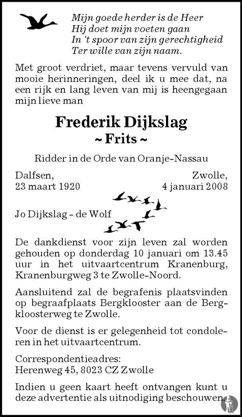 Frederik Frits Dijkslag Overlijdensbericht En Condoleances