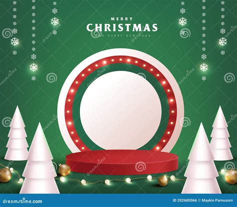 Merry Christmas Banner With Product Display Cylindrical Shape And Festive Decoration For