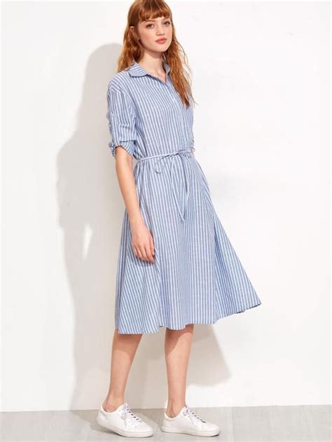 Vertical Stripe Self Tie Shirtwaist Dress