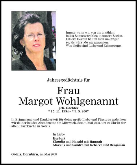 Todesanzeigen Von Margot Wohlgenannt Todesanzeigen Vorarlberger