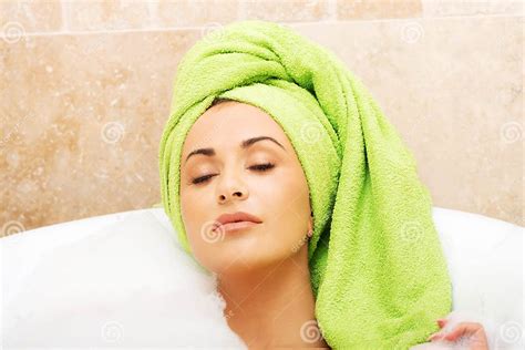 Portrait Woman Relaxing In Bath With Eyes Closed Stock Image Image Of