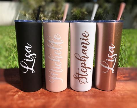 Matte Blush Skinny Tumbler With Straw Personalized Tumbler Etsy Bachelorette Party Ts