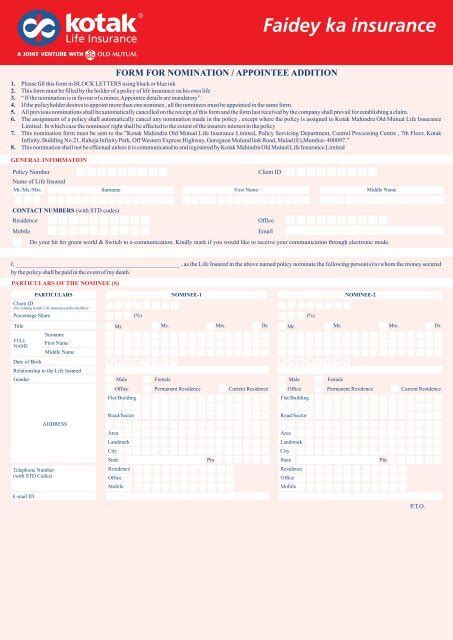 Nomination Appointee Addition Form Kotak Life Insurance