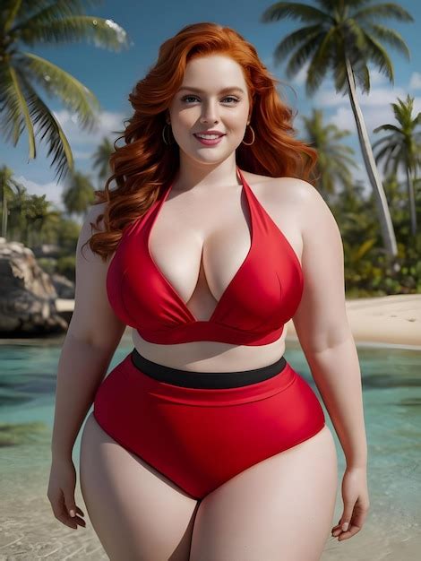 A Chubby Curvy Redhead Woman In A Red Bikini Stands In The Water