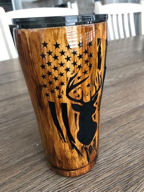 Wood Grain Tumbler With American Flag And Deer Mens Tumbler Etsy In