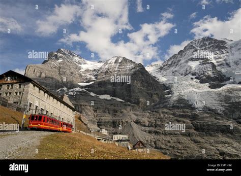 Jungfraujoch Railway Train Passing Eigergletscher Station with Eiger Stock Photo, Royalty Free ...