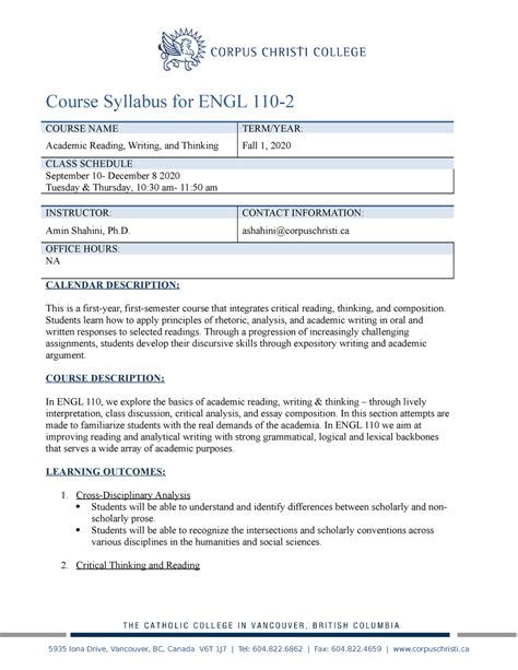 Eng Syllabus Sep Course Syllabus For Engl Course Name