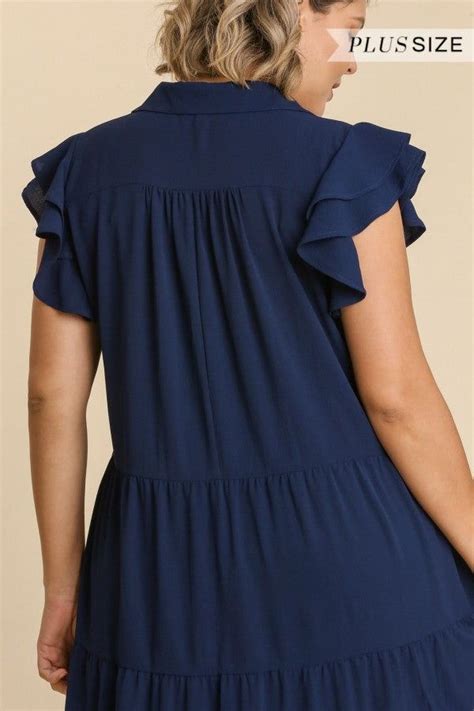 Umgee Tiered Midi Dress With Ruffled Sleeves In Navy Blue In