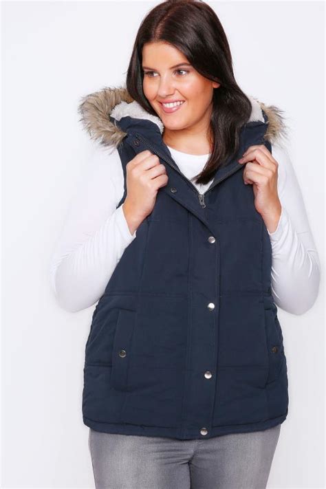 Navy Quilted Gilet With Faux Fur Hood Plus Size 16 To 36