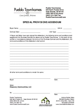 Fillable Online Special Provisions Addendum Pueblo Townhomes Fax