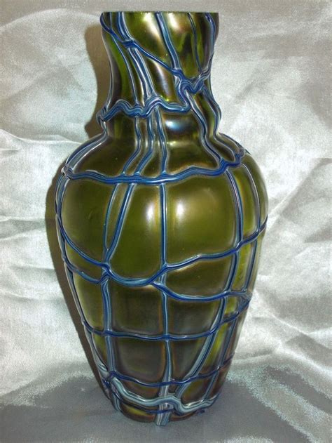 Antique Czech Art Nouveau Jugendstil Pallme Konig Green Iridescent Glass Vase Art Nouveau