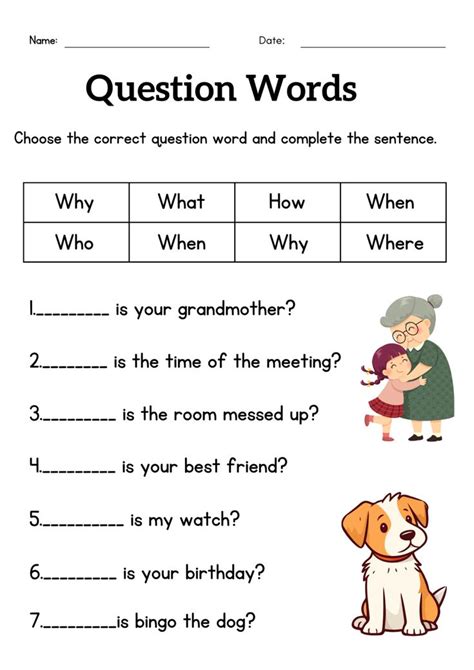 Question Words Worksheet For Grade Or Wh Questions Exercises For