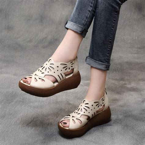 Summer Handmade Leather Retro Platform Hollow Sandals Leather Sandals Women Genuine Leather