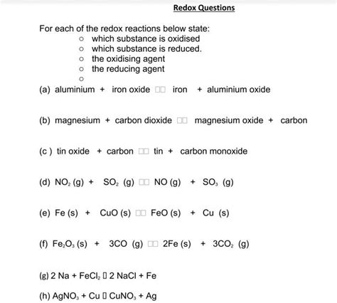 Solved Redox Questions For Each Of The Redox Reactions Below State