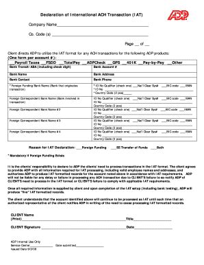 Fillable Online Declaration Of International Ach Transaction Iat