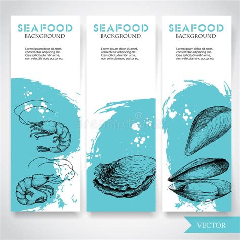 Seafood Banner With Watercolor Blue Background And Hand Drawn Food Sketch Fresh Shrimp Oysters