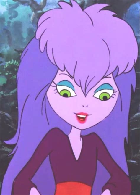 An Animated Character With Purple Hair And Green Eyes